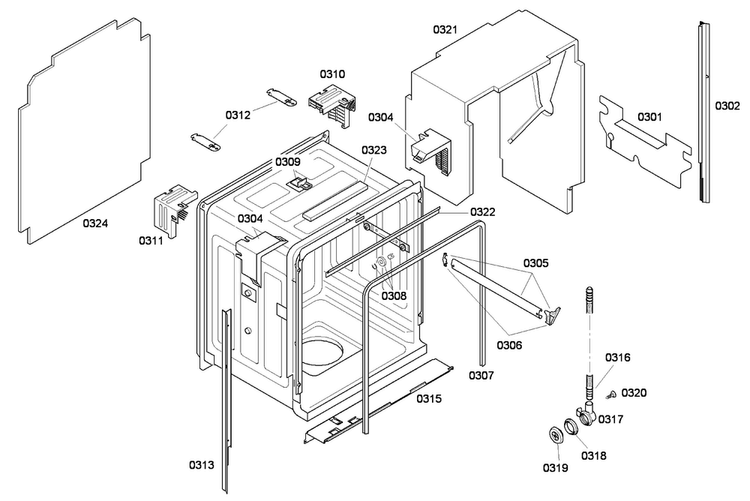 Cabinet Assy Diagram and Parts List for SHE45C02UC 56 Bosch Dishwasher