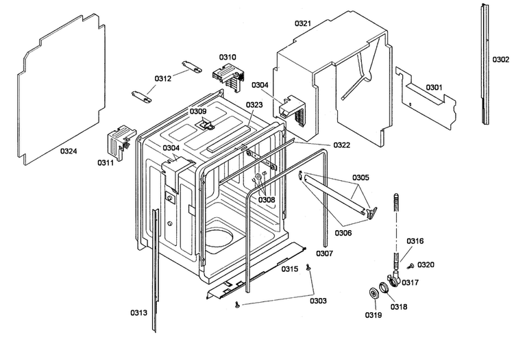 Cabinet Diagram and Parts List for SHE65P06UC 53 Bosch Dishwasher