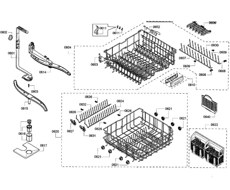 Baskets Diagram and Parts List for SHX65P06UC 63 Bosch Dishwasher