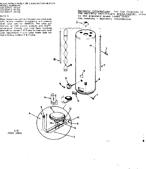 Replacement Parts Diagram and Parts List for 153334571  Kenmore Water Heater