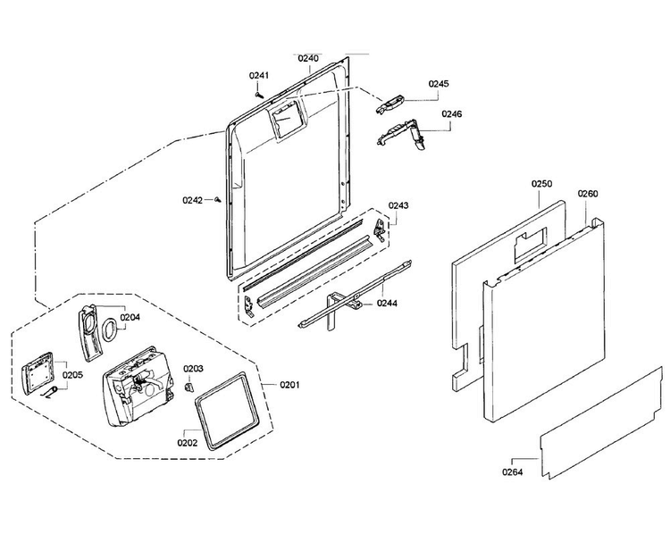 Door Section Diagram and Parts List for SHE9PT55UC A5 Bosch Dishwasher