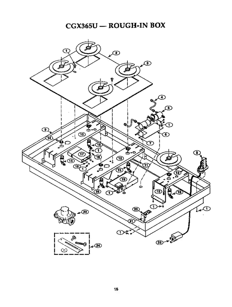Rough-in Box Diagram and Parts List for CGX365U  Thermador Cooktop