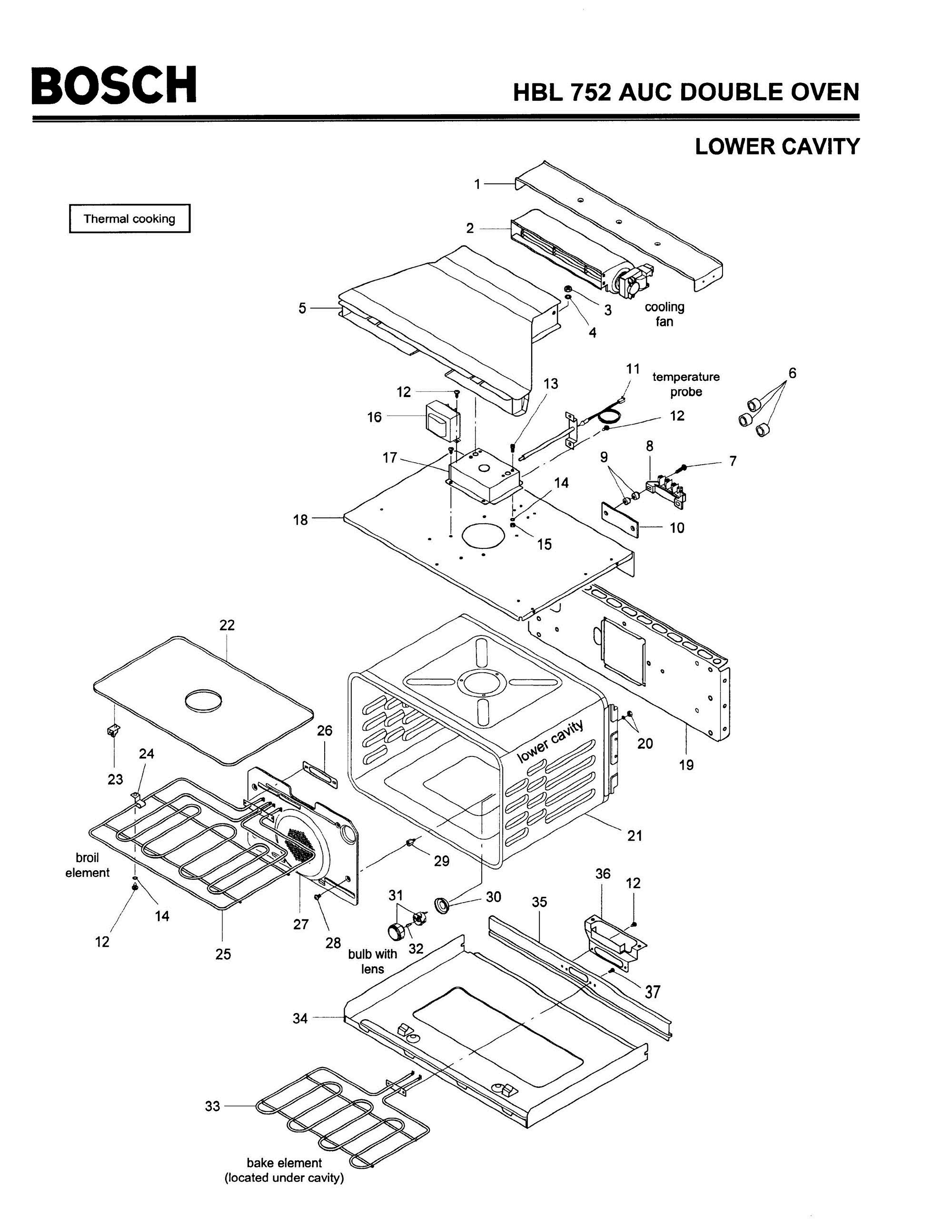 04 - CAVITY, LOWER Diagram and Parts List for HBL752AUC(FD8207-)  Bosch Wall Oven