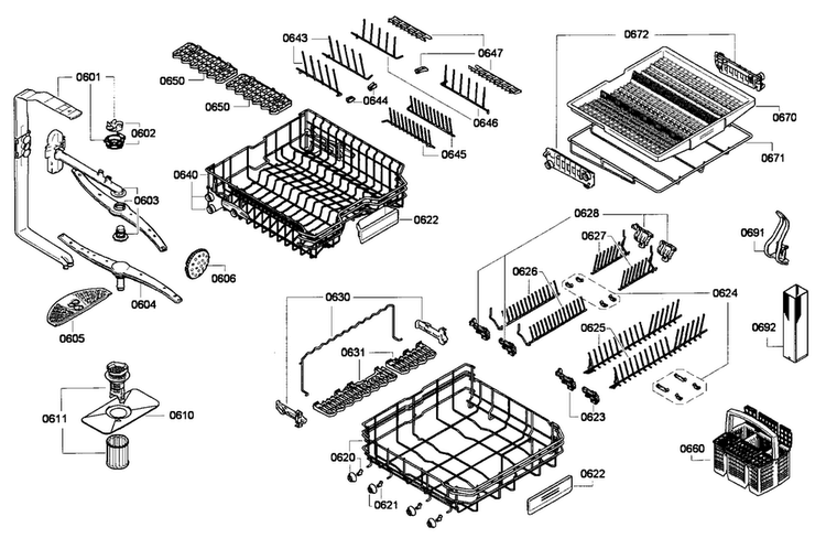 Baskets Diagram and Parts List for DWHD651GFP 18 Thermador Dishwasher