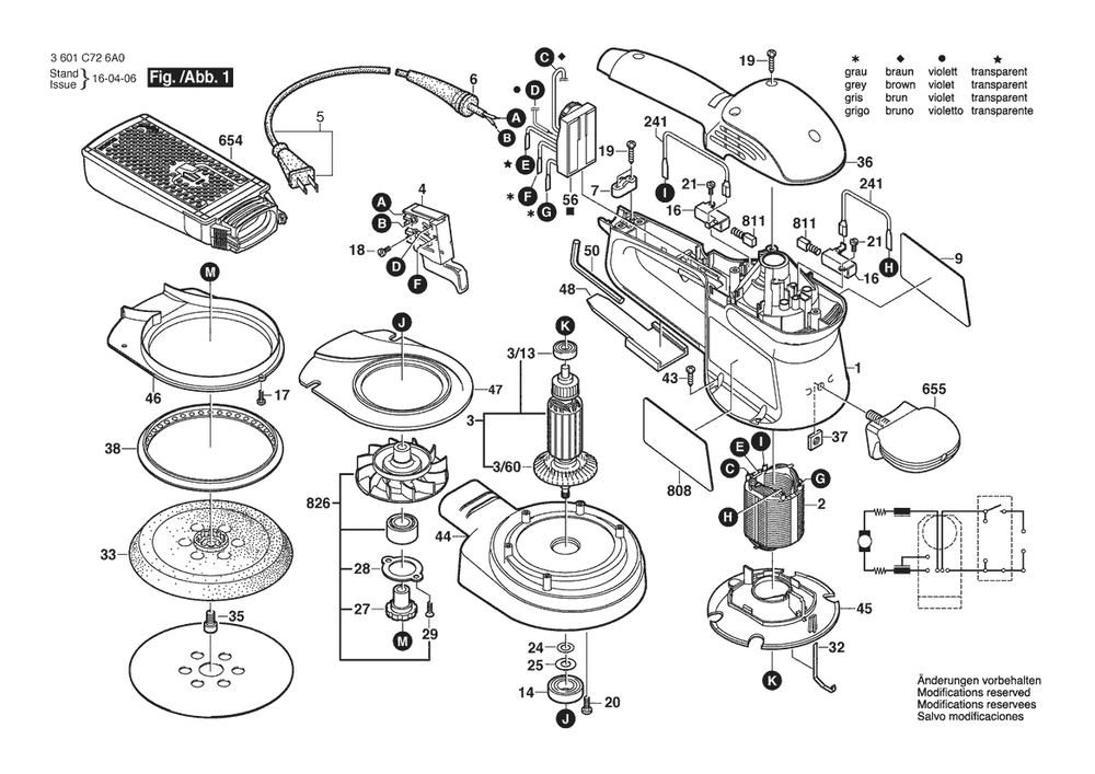 Section 1 Diagram and Parts List for GEX150AC 3601C726A0 Bosch Orbital or Palm Sander