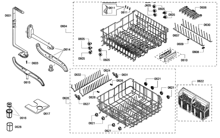 Baskets Assy Diagram and Parts List for SHX65P02UC 53 Bosch Dishwasher