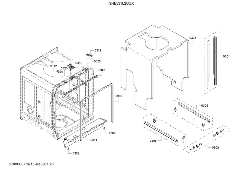 Tub/Trim Diagram and Parts List for SHE53TL2UC 01 Bosch Dishwasher