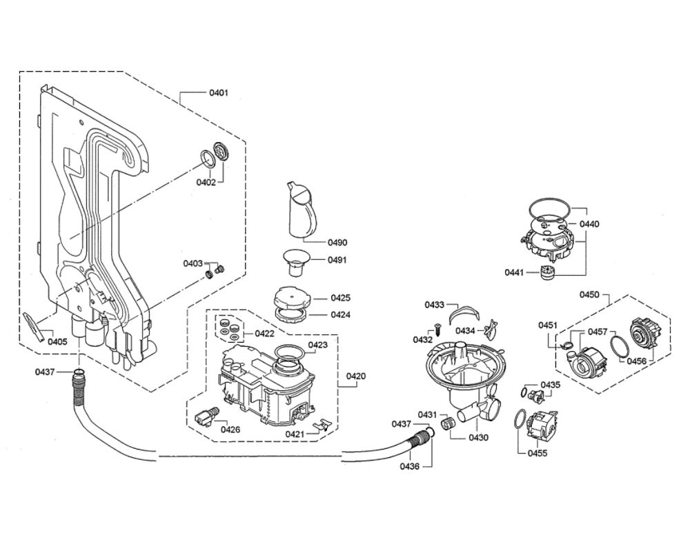 Water Inlet And Softener/Heat Pump Diagram and Parts List for DWHD640JFP B4 Thermador Dishwasher