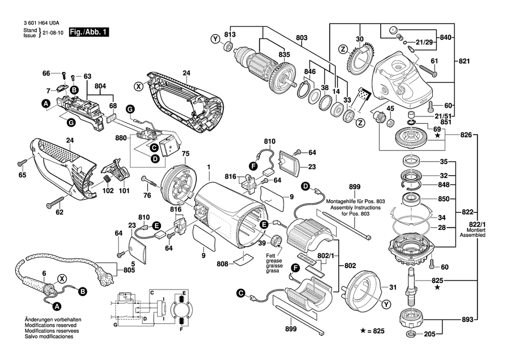 Diagram 1 Diagram and Parts List for GWS24-230JVX 3 601 H64 Z06 Bosch Angle Grinder