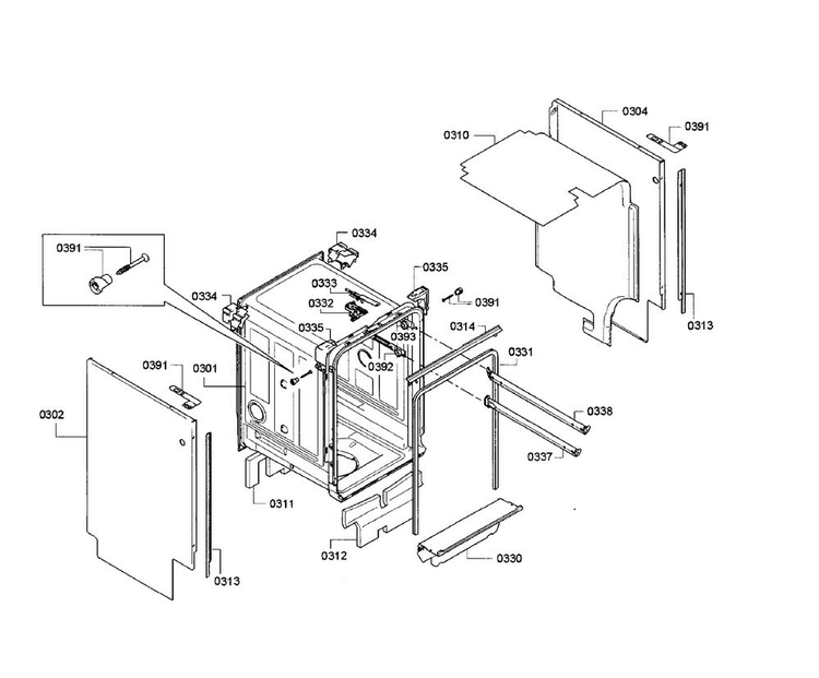 Cabinet Section Diagram and Parts List for SPE68U55UC 33 Bosch Dishwasher