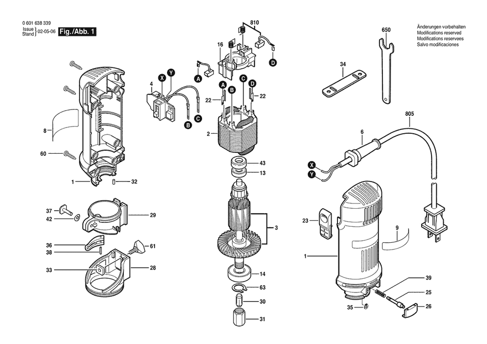 Section 1 Diagram and Parts List for 1638 0601638339 Bosch Router