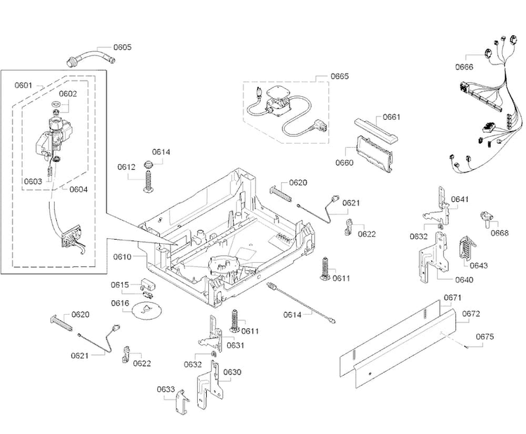 Base Diagram and Parts List for SGX68U55UC B3 Bosch Dishwasher