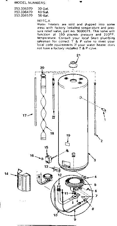 Replacement Parts Diagram and Parts List for 153336470  Kenmore Water Heater