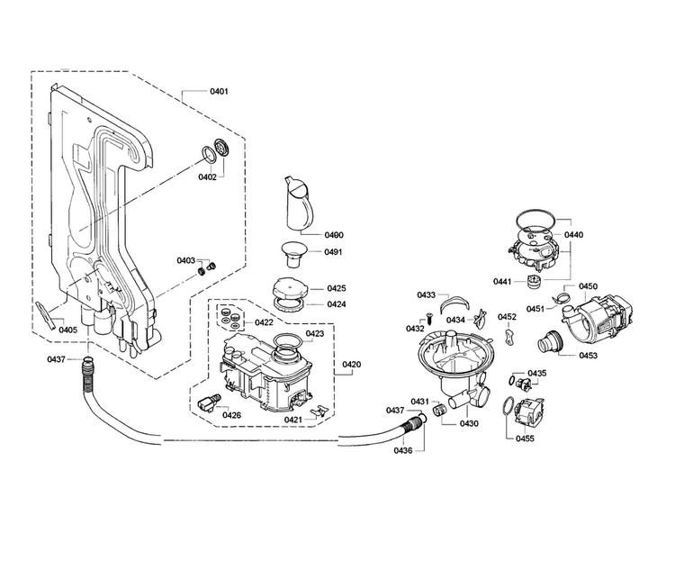 Pump & Pipe Assy Diagram and Parts List for SGE63E06UC 86 Bosch Dishwasher