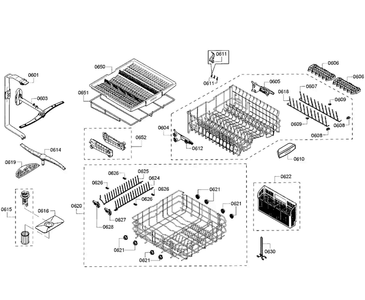 Baskets Diagram and Parts List for SHE68T55UC 01 Bosch Dishwasher