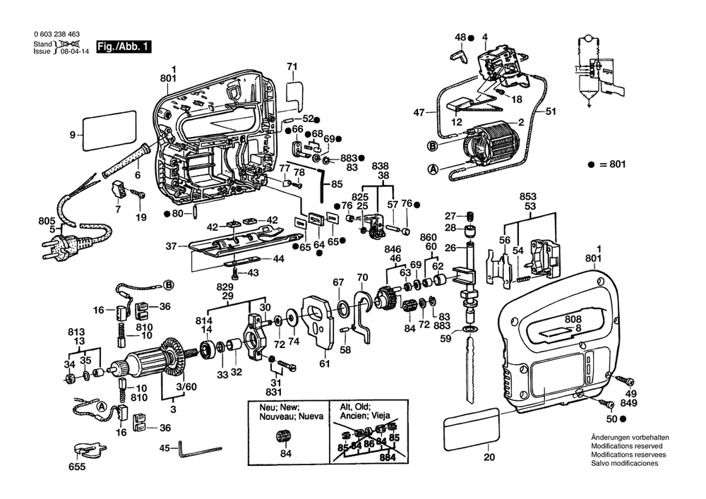 Section 1 Diagram and Parts List for PST54PE 0603238463 Bosch Jig Saw