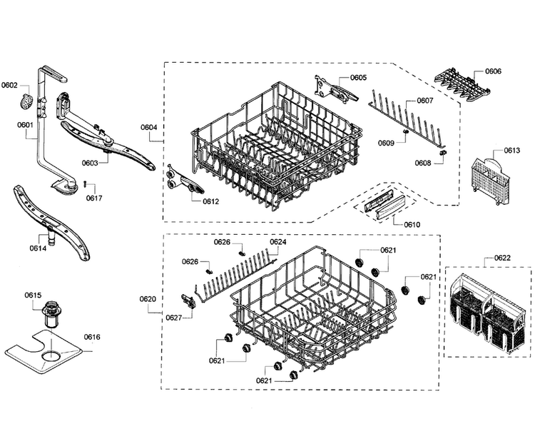 Baskets Diagram and Parts List for SHV55R53UC 64 Bosch Dishwasher