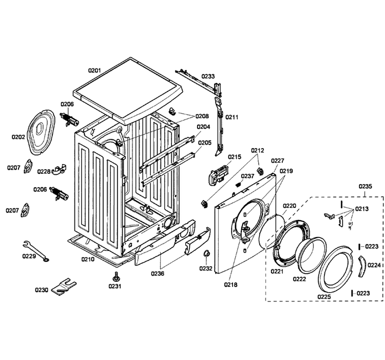 Front/frame Assy Diagram and Parts List for WAE20060UC 01 Bosch Washer