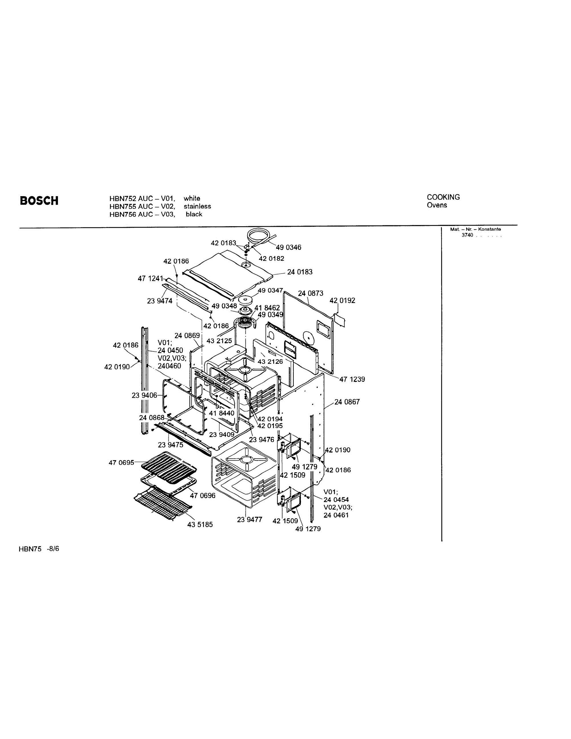 06 - UPPER BODY Diagram and Parts List for HBN756AUC(FD8207-)  Bosch Wall Oven