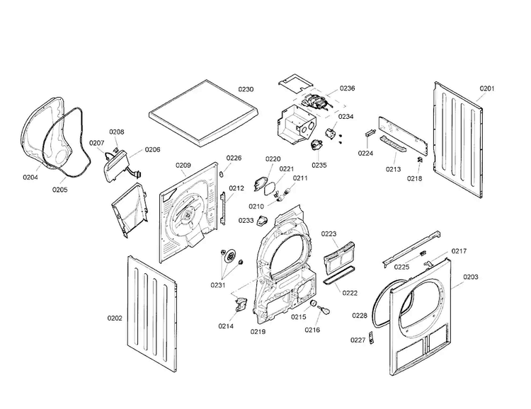 Cabinet/door Diagram and Parts List for WTE86300US 01 Bosch Dryer