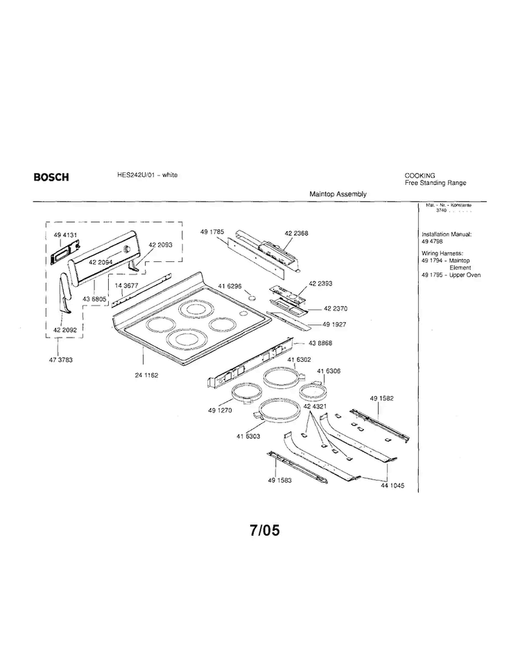Maintop Assembly Diagram and Parts List for HES242U 01 Bosch Range