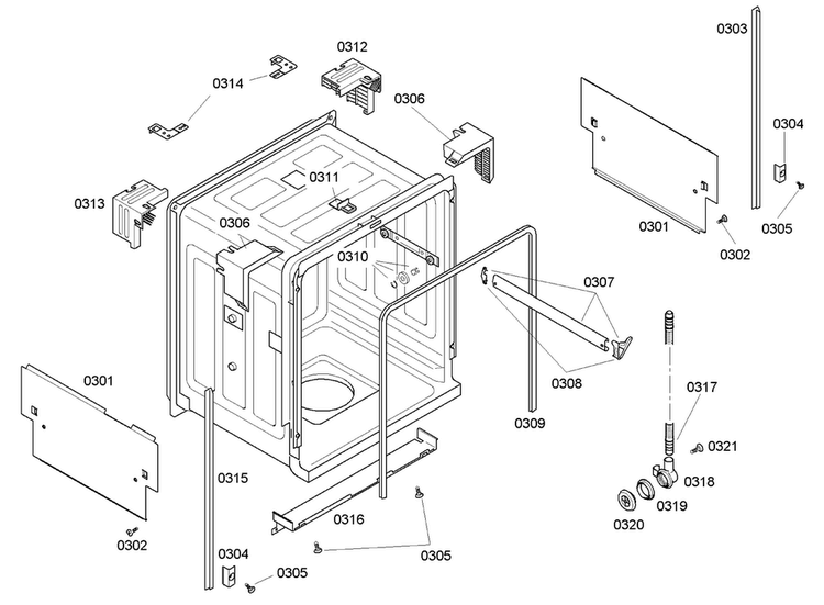 Cabinet Diagram and Parts List for SHE43C06UC 18 Bosch Dishwasher