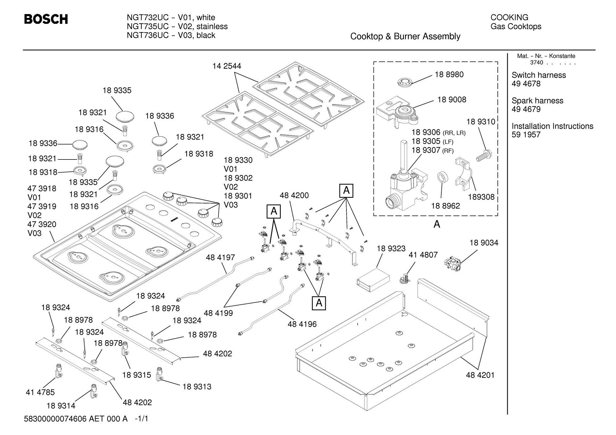 01 - COMPLETE Diagram and Parts List for NGT732UC(FD8202-)  Bosch Cooktop