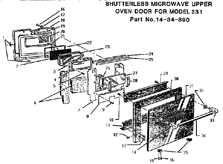 Microwave Oven Door, Upper Diagram and Parts List for CMT231  Thermador Microwave
