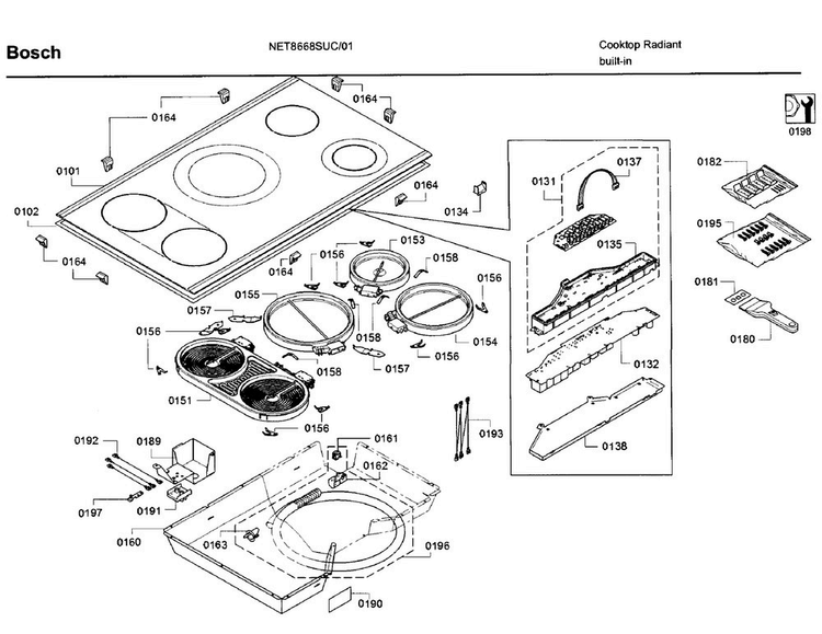 Cooktop Asy Diagram and Parts List for NET8668SUC 01 Bosch Cooktop