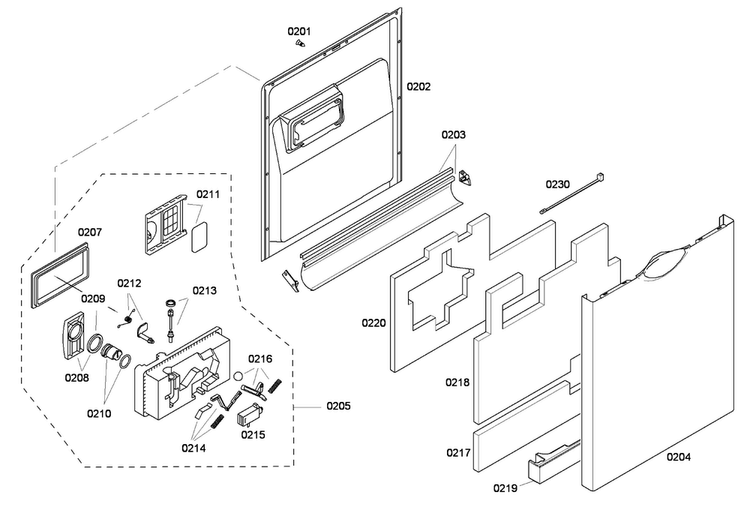 Door Assy Diagram and Parts List for SHE43P15UC 59 Bosch Dishwasher