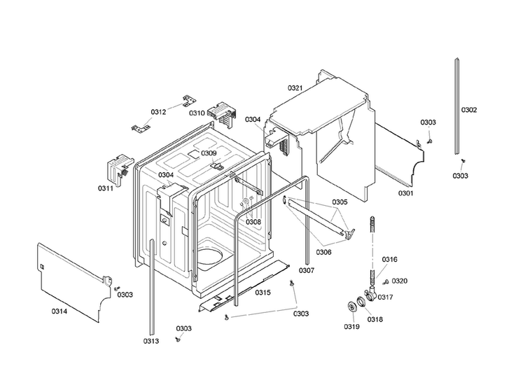 Cabinet Assy Diagram and Parts List for SHE46C05UC 38 Bosch Dishwasher