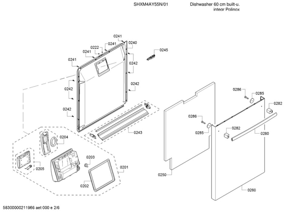 Door/Dispenser Diagram and Parts List for SHXM4AY55N 01 Bosch Dishwasher