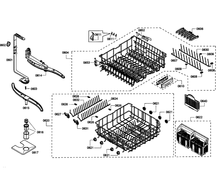 Baskets Diagram and Parts List for SHE55P06UC 58 Bosch Dishwasher