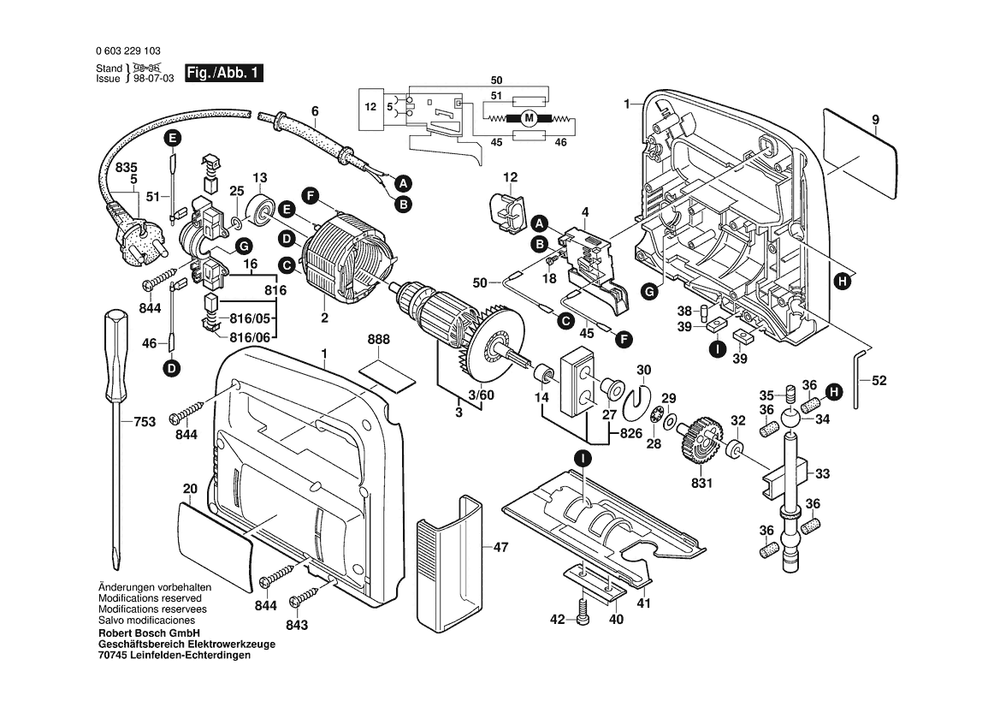 Section 1 Diagram and Parts List for PST50A 0603229132 Bosch Jig Saw
