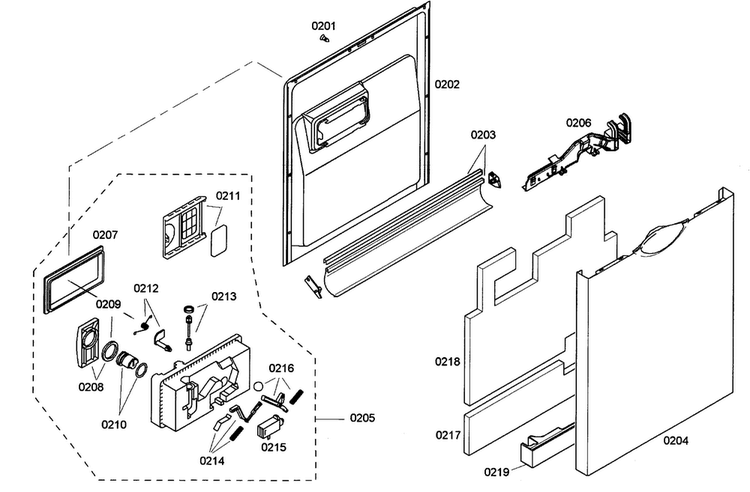 Door Diagram and Parts List for SHE33M05UC 50 Bosch Dishwasher