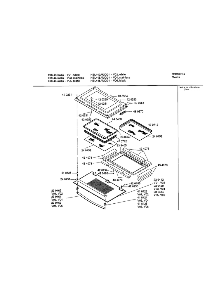 Door Diagram and Parts List for HBL442AUC 01 Bosch Wall Oven