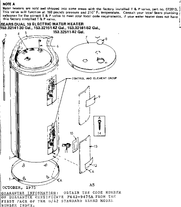 Non-functional Replacement Parts Diagram and Parts List for 15332141  Kenmore Water Heater