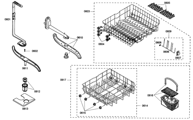 Baskets Diagram and Parts List for SHE33M05UC 47 Bosch Dishwasher