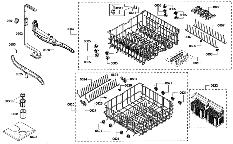 Baskets Assy Diagram and Parts List for SHE65P06UC 53 Bosch Dishwasher