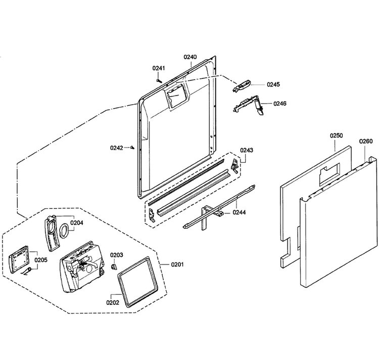 Door Assy Diagram and Parts List for SGE63E06UC 32 Bosch Dishwasher