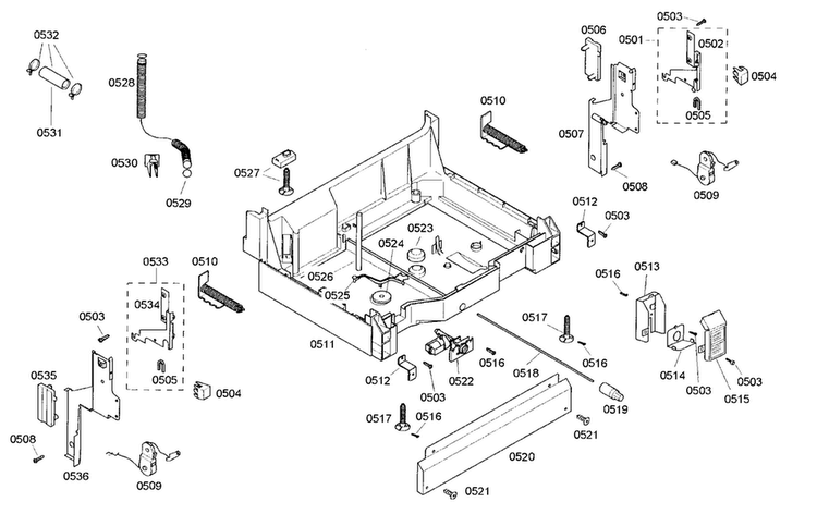 Base Assy Diagram and Parts List for SHE46C02UC 33 Bosch Dishwasher