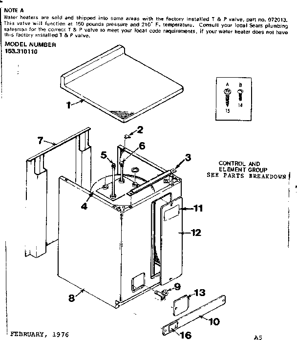 Non-functional Replacement Parts Diagram and Parts List for 153310110  Kenmore Water Heater