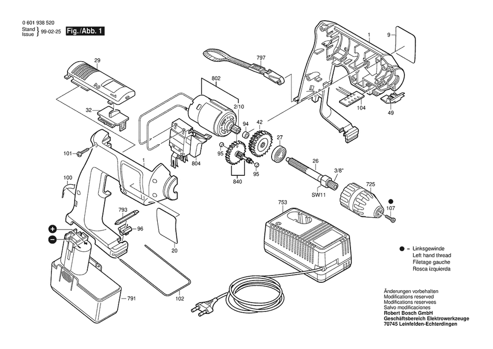 Section 1 Diagram and Parts List for 0601938542  Bosch Cordless Drill