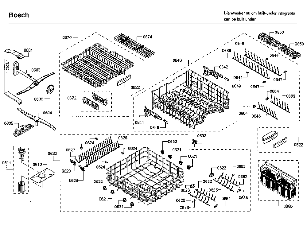 Baskets Diagram and Parts List for SHX88PW55N 01 Bosch Dishwasher