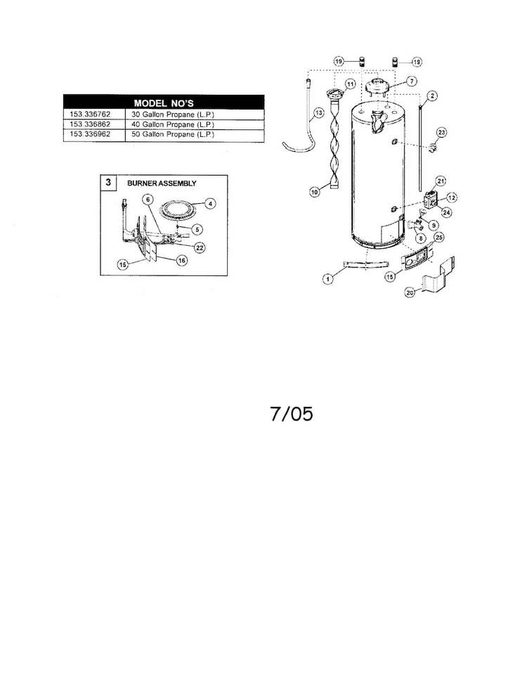 Water Heater Diagram and Parts List for 153336762  Kenmore Water Heater