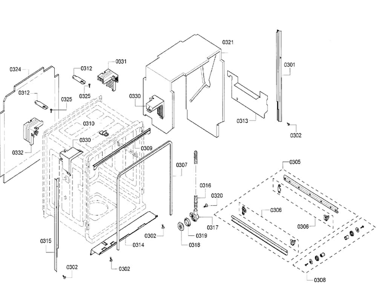 Cabinet Diagram and Parts List for SHX33RF5UC 64 Bosch Dishwasher