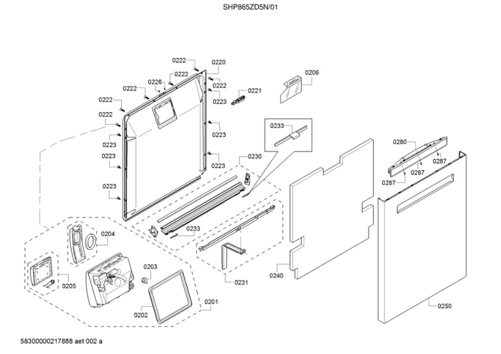Door/Dispenser Diagram and Parts List for SHP865ZD5N 01 Bosch Dishwasher