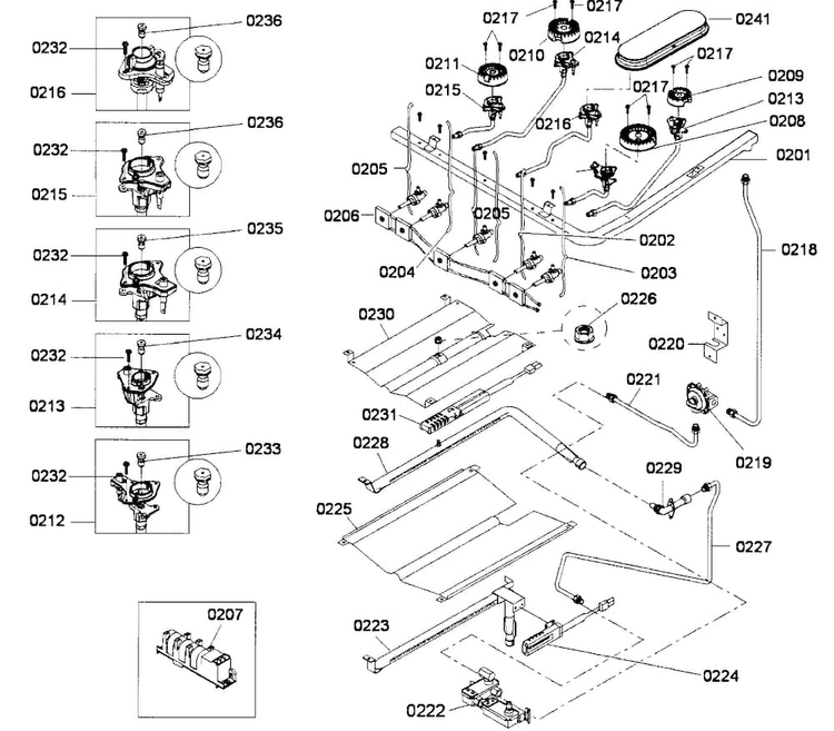 Burners Assy Diagram and Parts List for HGS5053UC 01 Bosch Range