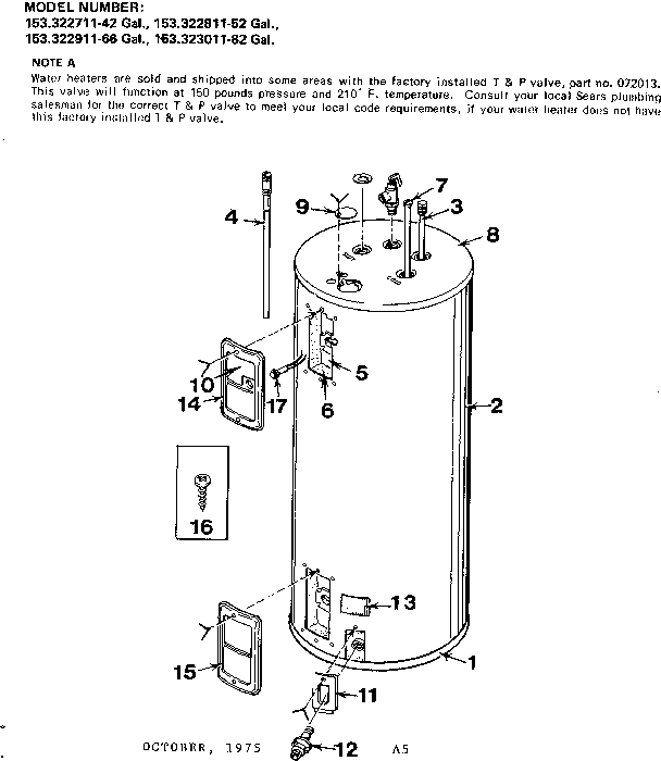 Non-functional Replacement Parts Diagram and Parts List for 153322911  Kenmore Water Heater