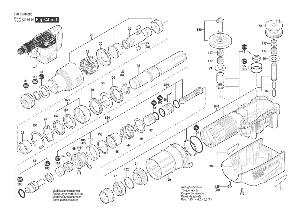 Section 1 Diagram and Parts List for GBH6-42C 3611B780F0 Bosch Hammer Drill